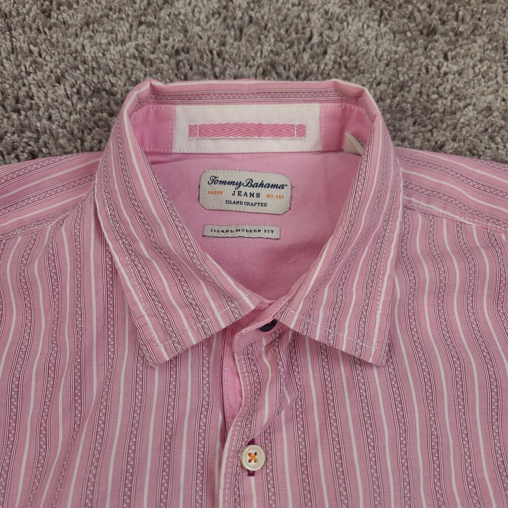 Tommy Bahama Island Modern Fit Stripe Shirt Mens Large Pink Cotton - Picture 4 of 8